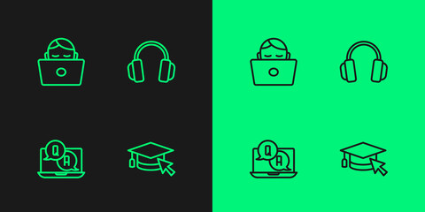 Set line Graduation cap with cursor, Question and Answer, Student working laptop and Headphones icon. Vector