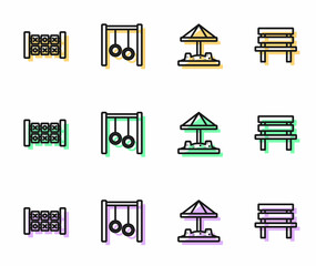 Set line Sandbox with sand, Education logic game, Gymnastic rings and Bench icon. Vector