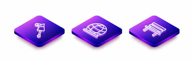 Set Isometric line Toy horse, Playground climbing equipment and Bench icon. Vector