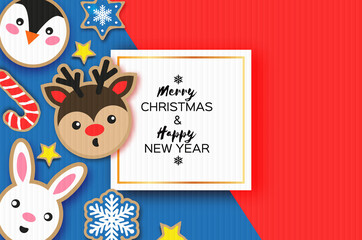 Happy New Year and Merry Christmas card. Christmas gingerbread paper cut style. Snowfalakes. Animals set Deer, Rabbit, Penguin. Square frame. Winter holidays.