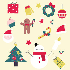 christmas icons set  and object of new year’s.Christmas decorations consist with tree ,snowman,hat,cookies,Christmas tree,gift,cake,bell,Santa, candy.vector design.