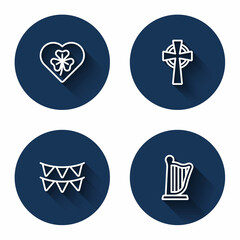 Set line Heart with clover trefoil leaf, Celtic cross, Carnival garland flags and Harp with long shadow. Blue circle button. Vector