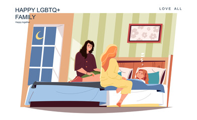 Fototapeta premium Happy LGBT family concept. Female mothers put little daughter to bed at home. Diverse homosexual couple, lesbian relationship, parenthood and motherhood. Vector illustration of people in flat design