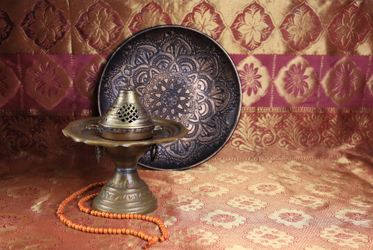 Traditional Turkish lamps, incense burner, rosary beads, national musical instrument baglama saz. symbol of islam. still life