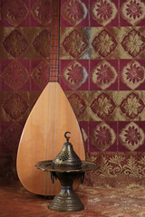 Traditional Turkish lamps, incense burner, national musical instrument baglama saz. symbol of islam. still life