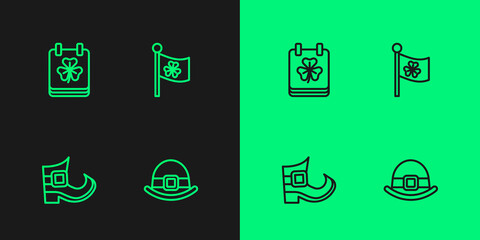 Set line Leprechaun hat, boot, Saint Patricks day with calendar and Ireland flag clover icon. Vector