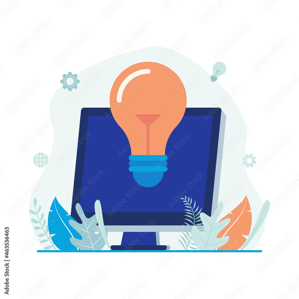 Poster creativity and innovation vector illustration. lightbulb with computer icon. flat design suitable fo