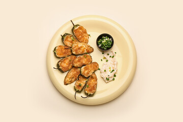 Plate with delicious jalapeno poppers on light background