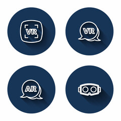 Set line Virtual reality, Augmented AR and glasses with long shadow. Blue circle button. Vector