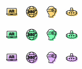 Set line Virtual reality glasses, Augmented AR, 360 degree view and icon. Vector