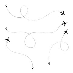 Airplane dotted route line the way airplane. Flying with a dashed line from the starting point and along the path 
