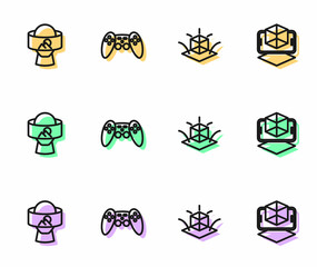 Set line 3d modeling, Virtual reality glasses, Gamepad and icon. Vector
