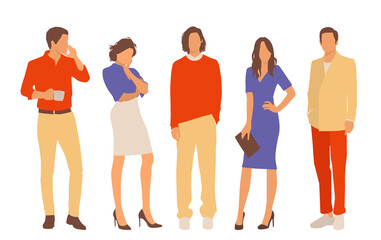 Obraz premium Set of young men and women, different colors, cartoon character, group of silhouettes of standing business people, students, the design concept of flat icon, isolated on white background