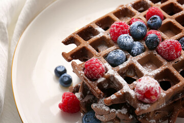 Plate of delicious Chocolate Belgian Waffles with berries on table, closeup