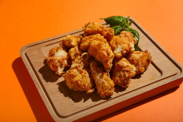 Board with tasty fried popcorn chicken on orange background