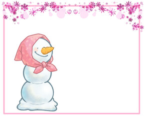 雪の結晶フレームとニンジン鼻の三段雪だるまさん　スカーフ　ピンクver