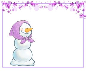 雪の結晶フレームとニンジン鼻の三段雪だるまさん　スカーフ　パープルver