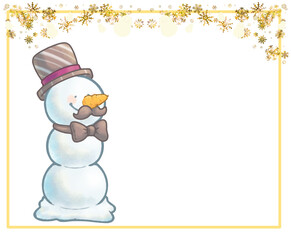 雪の結晶フレームとニンジン鼻の三段雪だるまさん　シルクハット　イエローver
