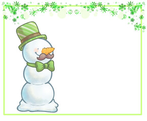 雪の結晶フレームとニンジン鼻の三段雪だるまさん　シルクハット　グリーンver