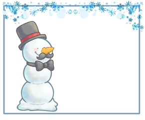 雪の結晶フレームとニンジン鼻の三段雪だるまさん　シルクハット　ブラックver