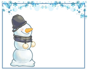 雪の結晶フレームとニンジン鼻の三段雪だるまさん　バケツ　ブラックver