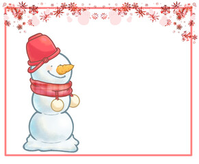 雪の結晶フレームとニンジン鼻の三段雪だるまさん　バケツ　レッドver