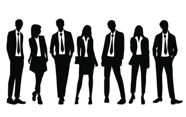 Vector silhouettes of  men and a women, a group of standing  business people, profile, black  color isolated on white background