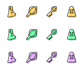 Set line Old magic key, Rabbit with ears, Magic hand mirror and Ghost icon. Vector