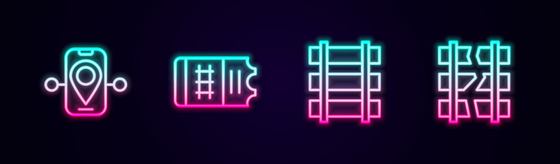 Set line Route location, Train ticket, Railway, railroad track and Broken or cracked railway. Glowing neon icon. Vector