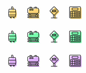 Set line Railroad crossing, Suitcase, Oil railway cistern and Train station board icon. Vector