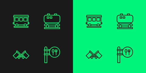 Set line Cafe and restaurant location, Flag, Passenger train cars and Oil railway cistern icon. Vector