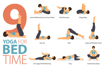 Fototapeta na wymiar 9 Yoga poses or asana posture for workout in bed time concept. Women exercising for body stretching. Fitness infographic. Flat cartoon vector