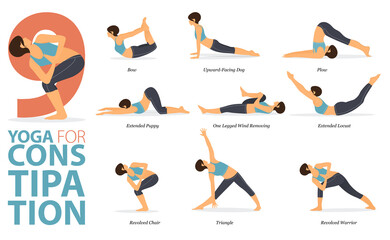 9 Yoga poses or asana posture for workout in constipation concept. Women exercising for body stretching. Fitness infographic. Flat cartoon vector