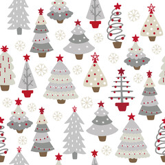 Сhristmas trees seamless pattern in gray and red colors. Decorative wallpaper, well suited for printing textiles, fabric, wallpaper, gift paper.