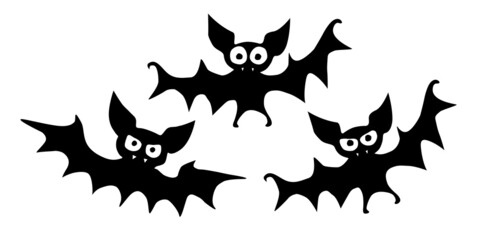 Cute vampire bats drawn in cartoon flat style. Vector black silhouette illustration isolated on white background. For halloween design, greeting card