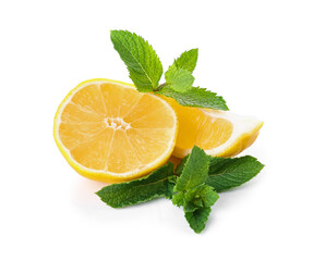 Fresh lemon with mint leaves on white background