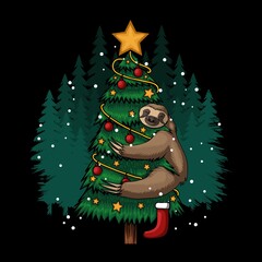 sloth hugging tree merry christmas vector illustration © andypp