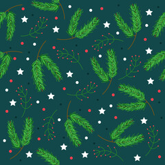 Christmas tree green branches, red berries in seamless pattern background. Fir,spruce design element for backdrop,wallpaper,wrap. 