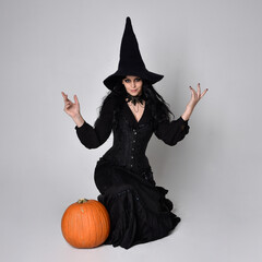 Full length portrait of dark haired woman wearing  black victorian witch costume  sitting pose wit ha pumpkin, with  gestural hand movements,  against studio background.