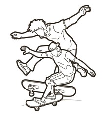 Group of People Playing Skateboard Extreme Sport Action Cartoon Graphic Vector
