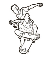 Group of People Playing Skateboard Extreme Sport Action Cartoon Graphic Vector