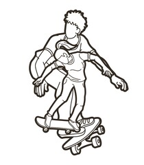 Group of People Playing Skateboard Extreme Sport Action Cartoon Graphic Vector