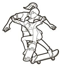 Group of People Playing Skateboard Extreme Sport Action Cartoon Graphic Vector