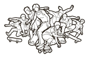 Fototapeta na wymiar Group of People Playing Skateboard Extreme Sport Action Cartoon Graphic Vector