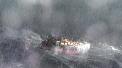 Large Cargo Ship with containers in stormy ocean,aerial
Sailing ship swinging on stormy sea waves, Rough ocean with rain and thunderstorm
