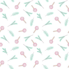 Seamless pattern with green tree branches and pink candy, Christmas time. Watercolor hand drawn illustration. Ideal for fabric textile wallpaper scrapbooking wrapping paper party decoration