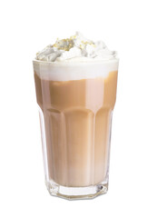 Glass of tasty latte with nuts on white background