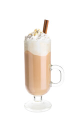 Glass cup of tasty latte with nuts on white background