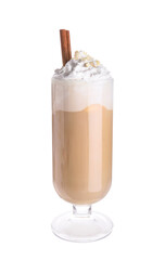 Glass of tasty latte with nuts on white background