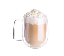 Glass cup of tasty latte with nuts on white background